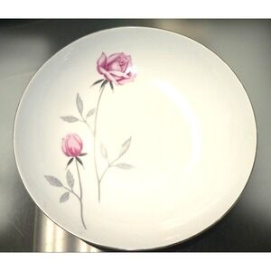 Belair by Nasco Japan 9" Round Vegetable Bowl Pink Rose Gray Leaves Silver Trim